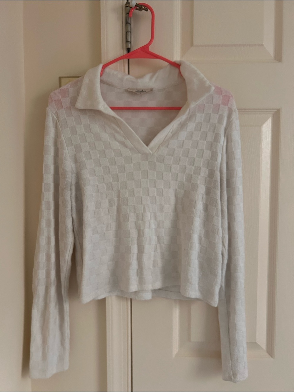 White Checker-Knit Collared Women's Sweater
